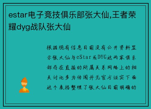 estar电子竞技俱乐部张大仙,王者荣耀dyg战队张大仙